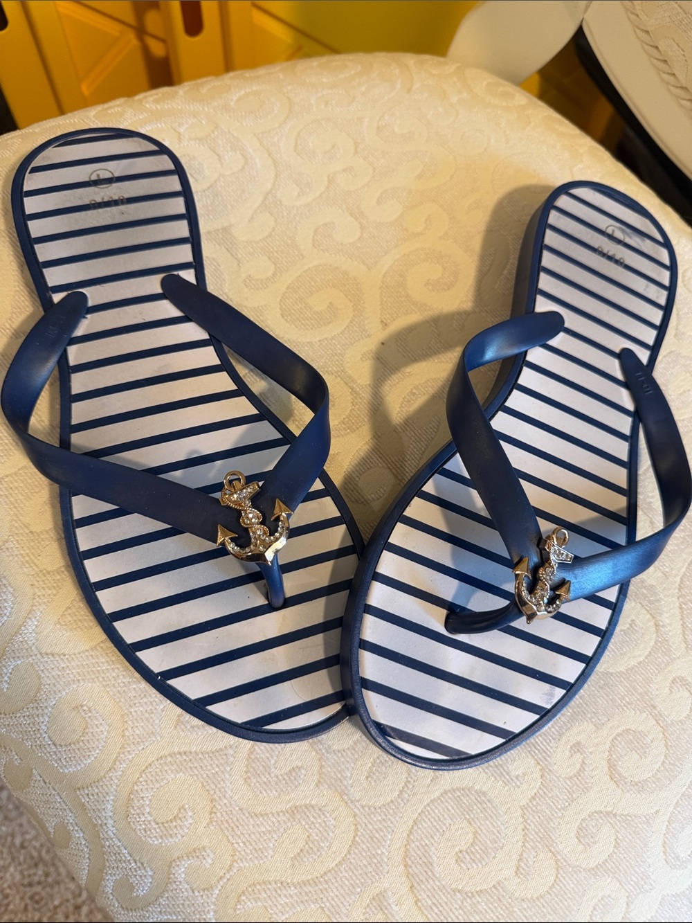 Navy & White Striped Flip Flops with Gold Anchor Accents